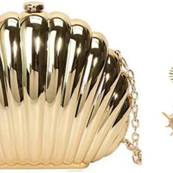 Elegant Gold Acrylic Shell Shape Evening Clutch with Chain Strap for Party and P